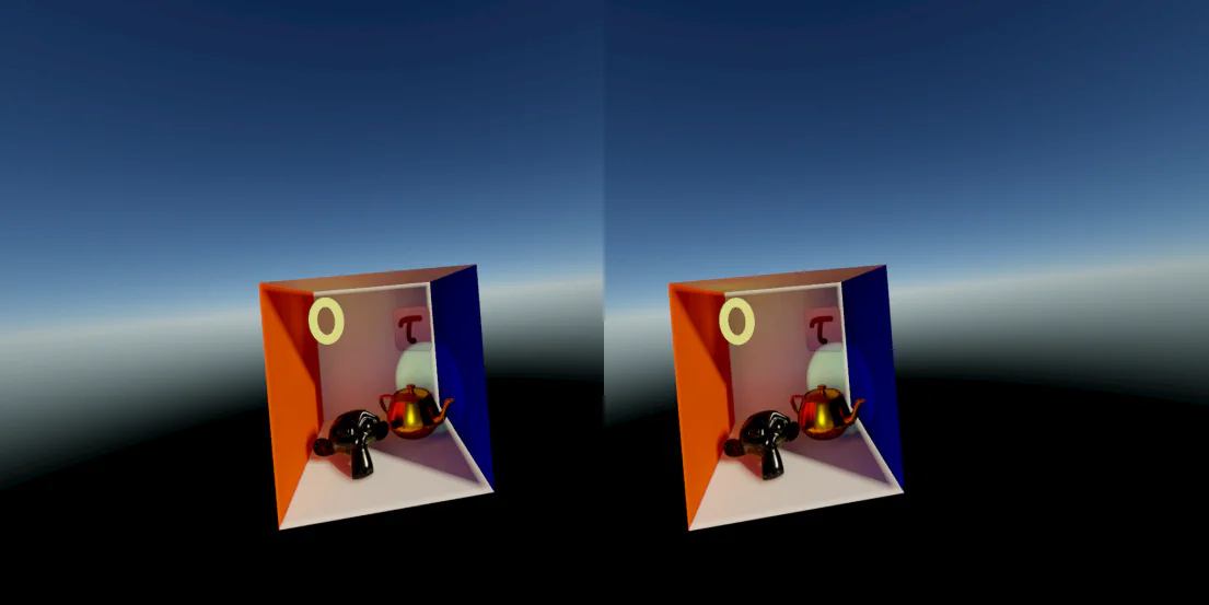 Stereo path-traced Cornell box views rendered for a VR headset