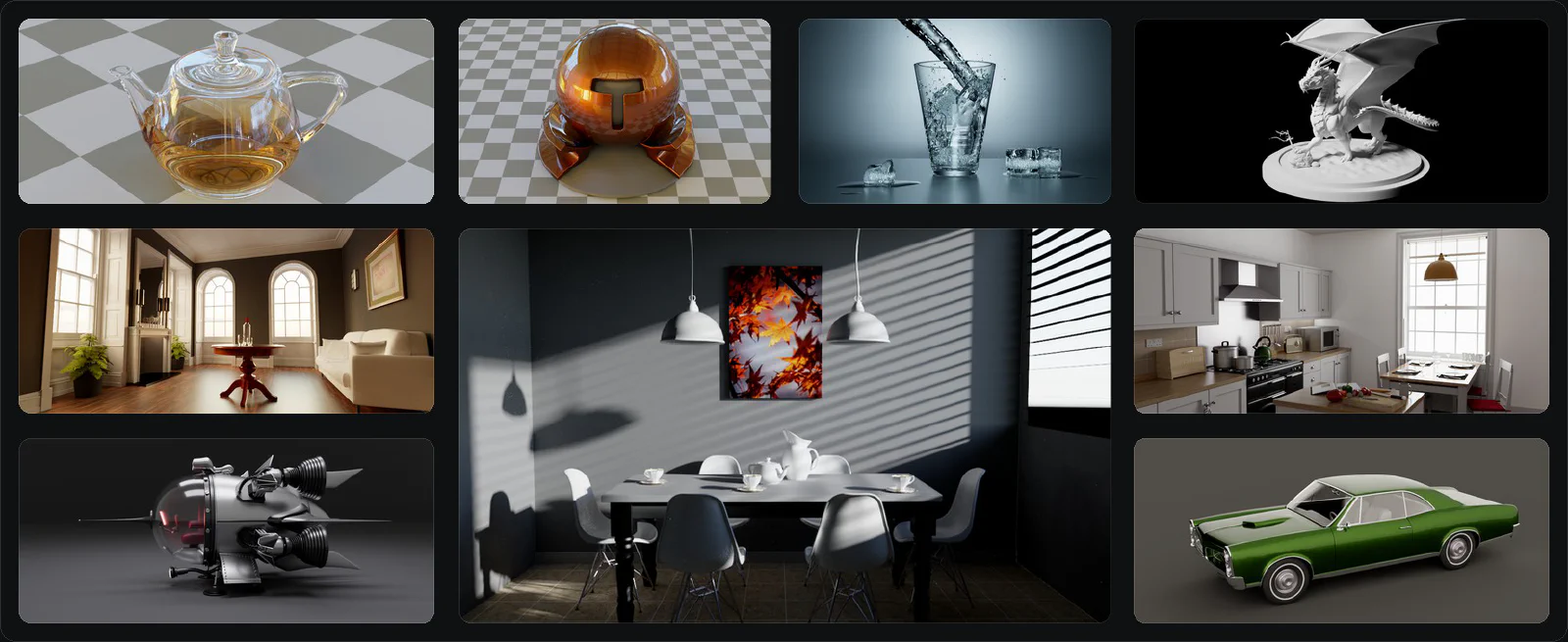 A collage of graphics research scenes included in the glTF Research Scenes project